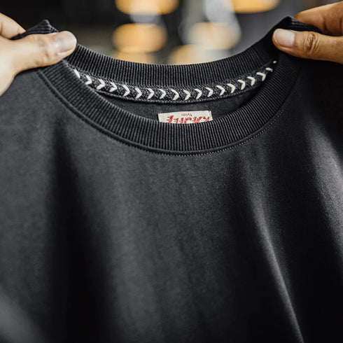 Men’s Retro Heavyweight Embroidered T-Shirt – 270g Black Cotton Summer Tee